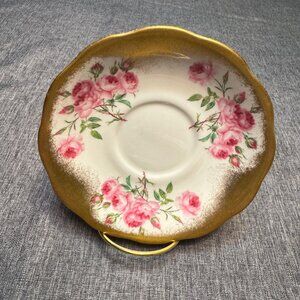 ROYAL STANDARD saucer, Vintage fine bone china, white & gold with pink roses